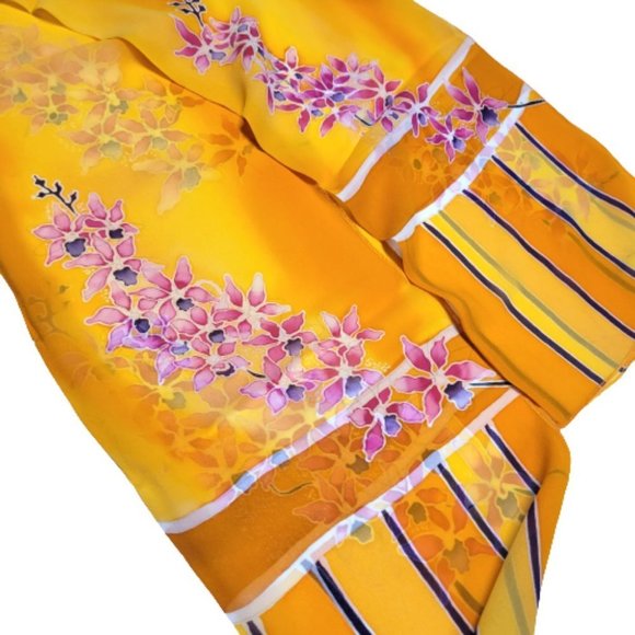 Handmade Handpainted  Pure Silk Chiffon Scarf Floral Rectangular Long Scarf - Picture 2 of 9
